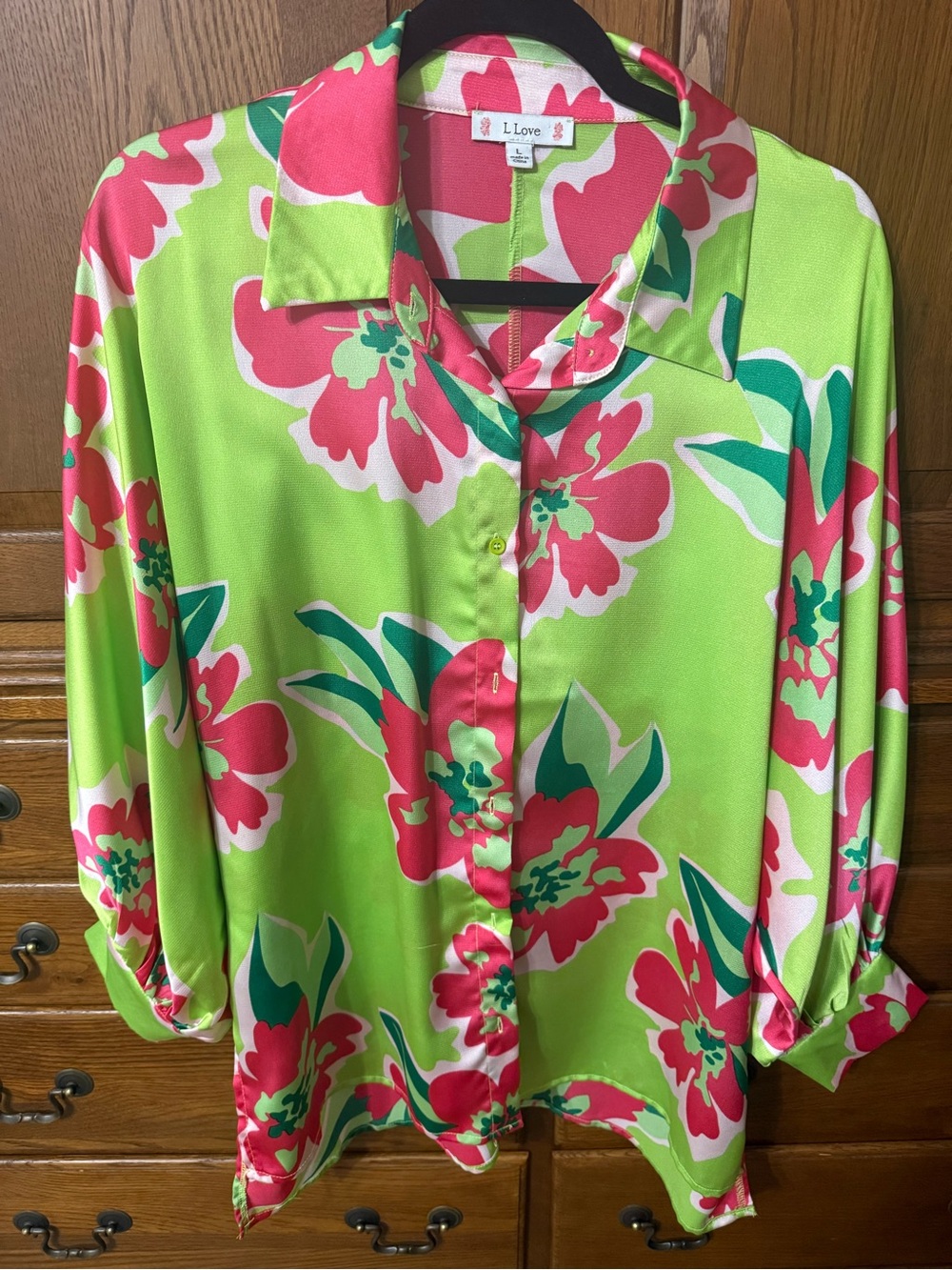 I Love Lime Green & Hot Pink Floral Button-Down Blouse